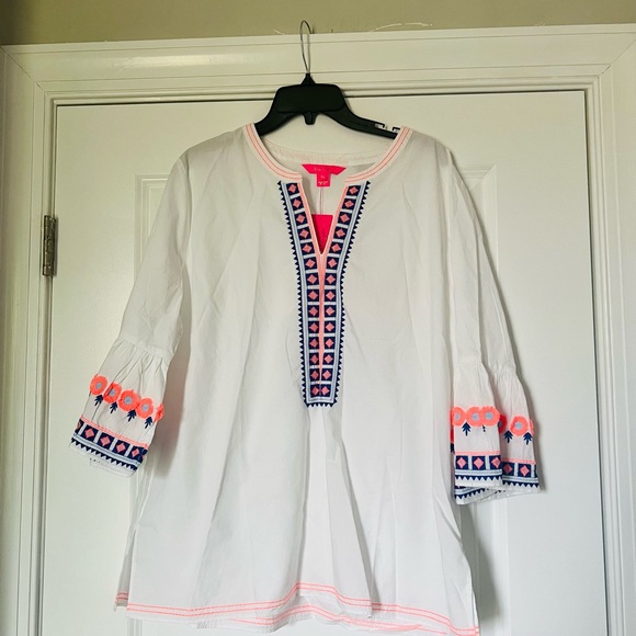 NWT Lilly Pulitzer Rissa Tunic Top White Embroidery Bohemian 100% Cotton Sz XL - Picture 2 of 15